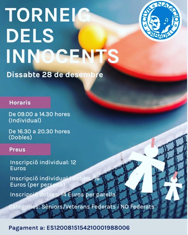 CNSTennisTaula's tweet photo. 🏆 Torneig dels Innocents

📆 Dissabte 28 de desembre
⏰ Matí individual
⏰ Tarda Dobles

🏓 Federats i No Federats!

🔵⚪️ #somcnsabadell #adnclub #plapedrera #somcnstennistaula https://t.co/D4FsgiCeiO