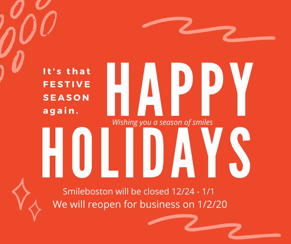 Happy Holidays from your friends at Smileboston Cosmetic &amp; Implant Dentistry! Please call 617-277-4100 if you experience an emergency during our holiday break.