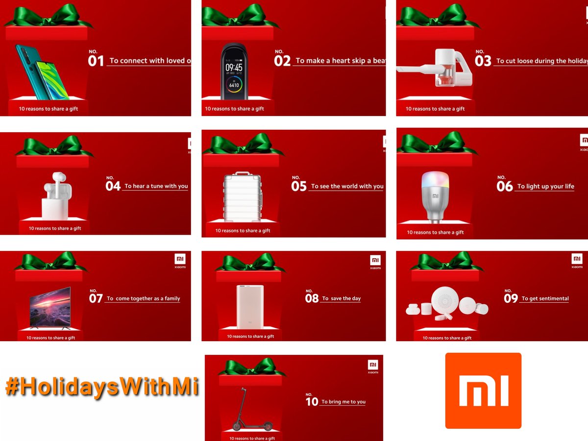 TecnoSports2's tweet photo. @Xiaomi #HolidaysWithMi 10 reasons for sharing a gift
1.#MiNote10
2.#MiSmartBand4
3.#MiHandheldVacummCleaner
4.#MiTrueWirelessEarphones
5.#MiMetalCarryonLuggage20
6.#MiLEDSmartBulb
7.#MiTV
8.#MiPowerBank
9.#MiSmartSensorSet
10.#MiElectricScooter
#Xiaomi #XiaomiHolidays https://t.co/EFZ0HIC5tL