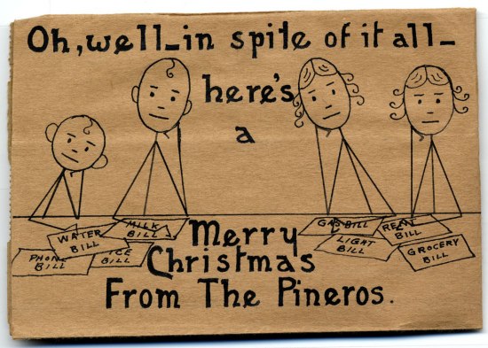 amhistorymuseum's tweet image. What's a Christmas card from the Great Depression look like? 

This. 

1933 was a difficult year. Unemployment reached 25%. GDP was waaaay down. Despite it all, the Pinero family used a brown paper bag to make this holiday greeting card.

Learn more: s.si.edu/2i6Y8TD