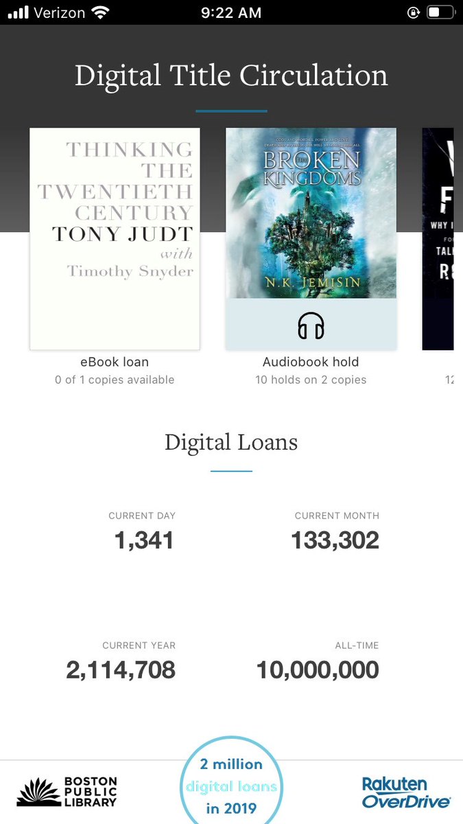 BPLBoston's tweet photo. We just hit 10 million digital checkouts!

The 9,999,999th digital title checked out was White Fragility by Robin Diangelo. The 10,000,000th was Thinking in the Twentieth  Century by Tony Judt.

This wouldn't be possible without you wonderful bookworms out there. Keep reading! https://t.co/e51DEUJ92a