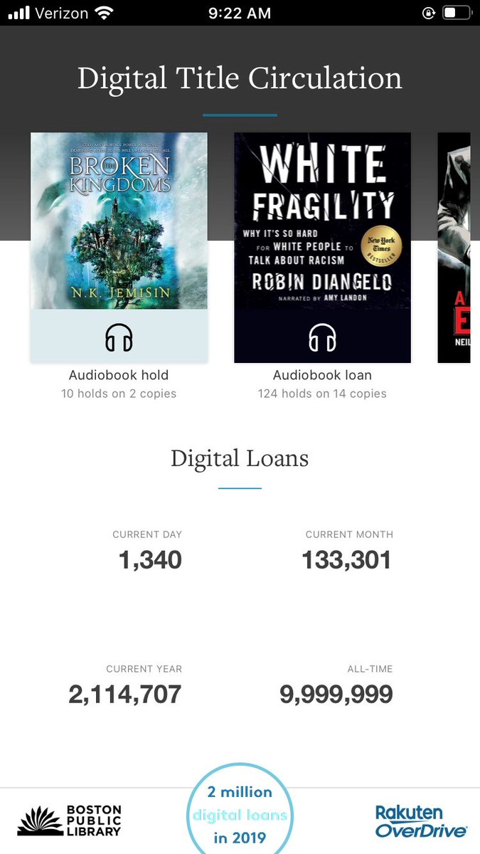 BPLBoston's tweet photo. We just hit 10 million digital checkouts!

The 9,999,999th digital title checked out was White Fragility by Robin Diangelo. The 10,000,000th was Thinking in the Twentieth  Century by Tony Judt.

This wouldn't be possible without you wonderful bookworms out there. Keep reading! https://t.co/e51DEUJ92a