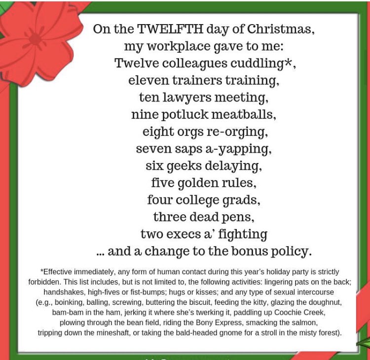 Wishing you all a merry workplace. Or as the corporate lawyers instructed us to warmly say, “have a December.” But not too warm. #MondayMood