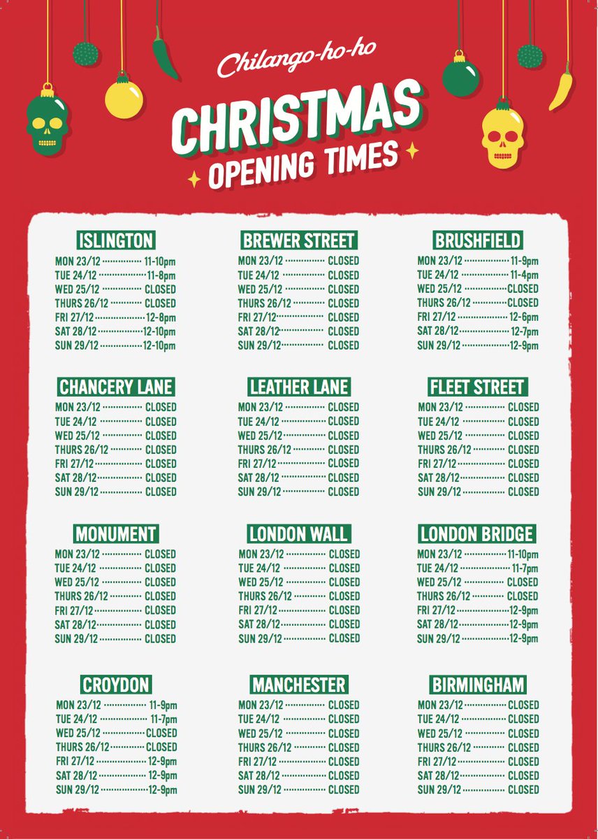 Only a handful of our restaurants are open on #ChristmasEve, for those troopers working until the bitter end! Check out the rest of our Christmas opening times here ✨🌯🎁