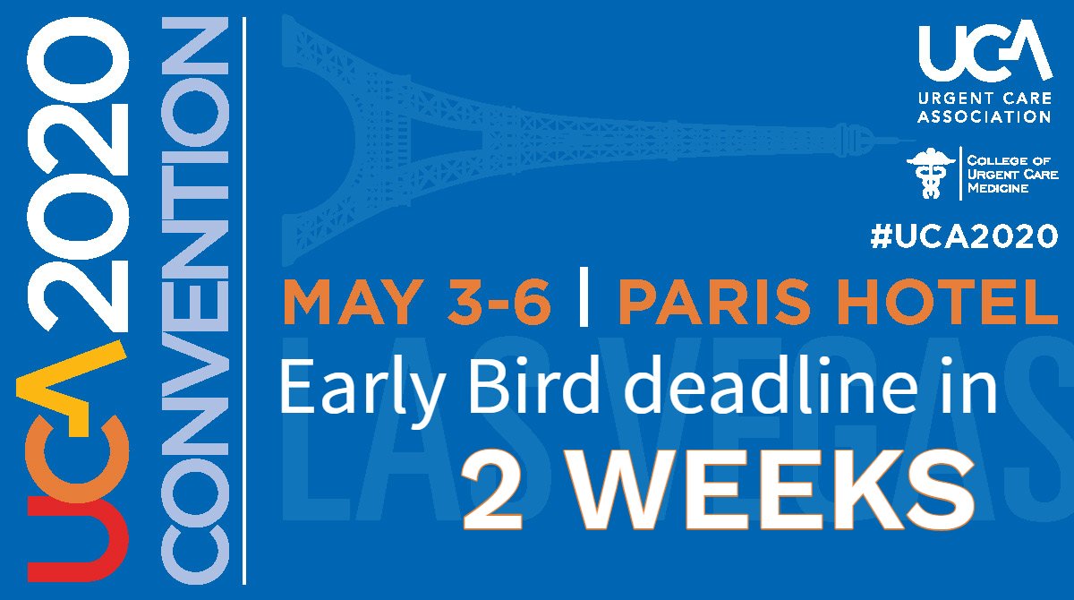 UrgentCareAssoc's tweet photo. Only 2 weeks left to secure the LOWEST rates for #UCA2020! Early bird pricing ends Jan. 6, then tuition increases by $325. BONUS - Register &amp; book your 3-night stay in the room block by Jan. 6, and you’re entered to win a suite upgrade! More info at https://t.co/LTXl52NGJF https://t.co/3CdSbCtaqC