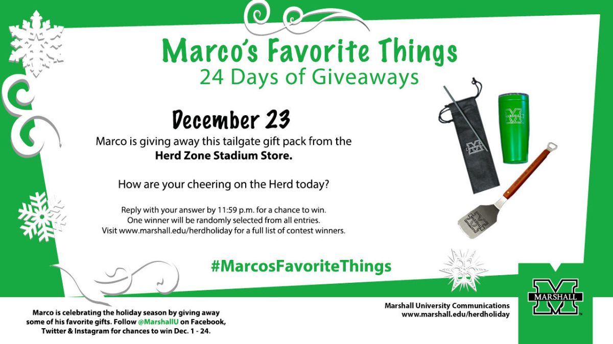 marshallu's tweet photo. The @GasparillaBowl is this afternoon and Marco is giving away a Marshall tailgate gift pack from the HerdZone Stadium Store! Tell us how you will you be cheering on the #ThunderingHerd for a chance to win. #MarcosFavoriteThings #MarshallUFamily 
Shop https://t.co/wzubK93xoA https://t.co/AK2sm1LxLJ