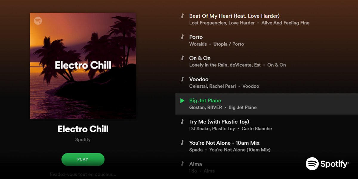 DowseMusic's tweet photo. #BigJetPlane de @GostanOfficial 5ème de la playlist Electro Chill Spotify ✈️🔥 Merci pour le cadeau de Noël avant l'heure @SpotifyFrance 🎄

Playlist → https://t.co/xty78nO43s
Stream/Download → https://t.co/pywyWT9b8L https://t.co/WYfEWa7Nq7