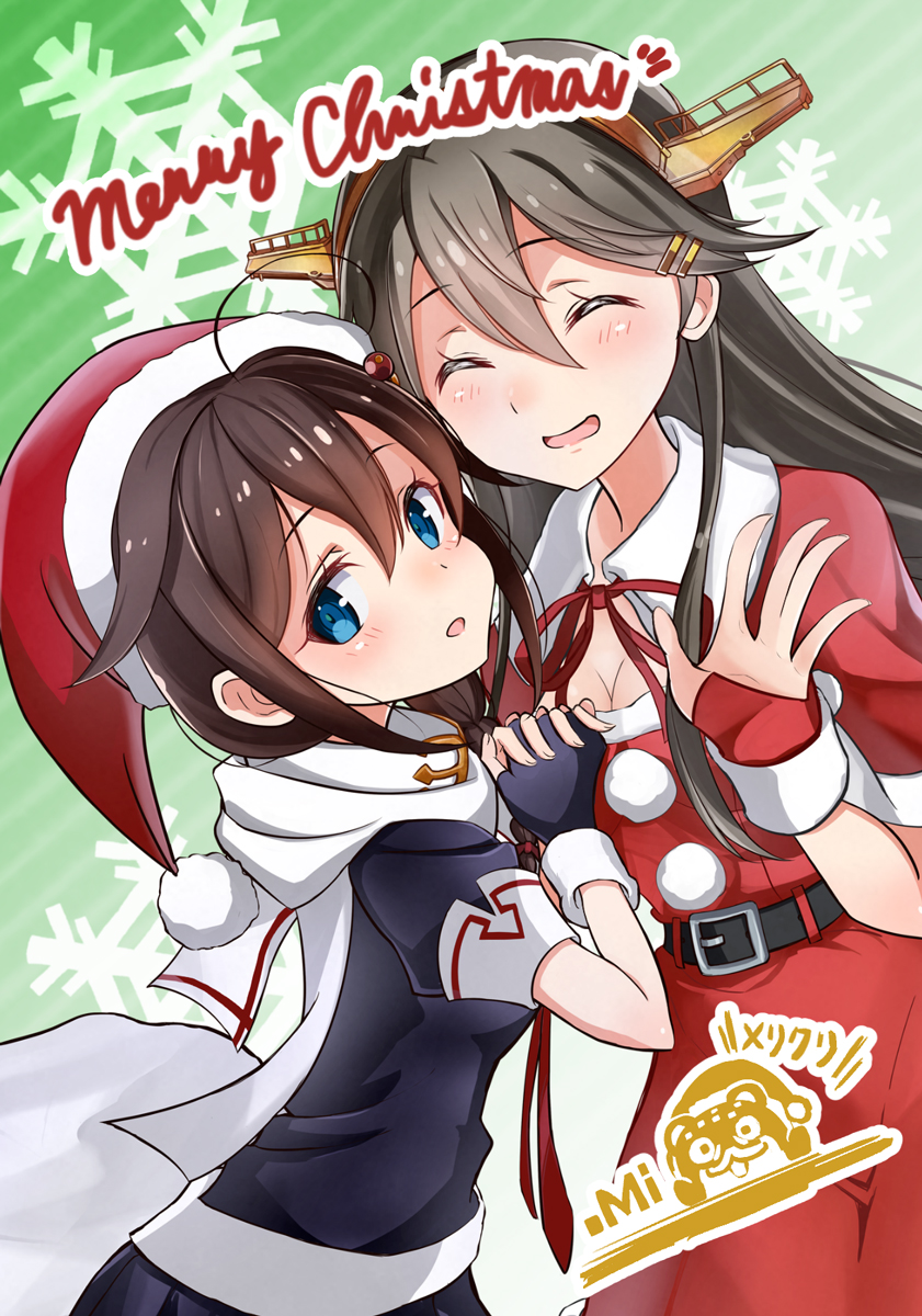 榛名(艦これ) ,時雨(艦これ) 「メリクリ!? 今なら可愛いサンタ艦娘のクリスマスブロマイドがネットプリントできる」|くろてみんのイラスト