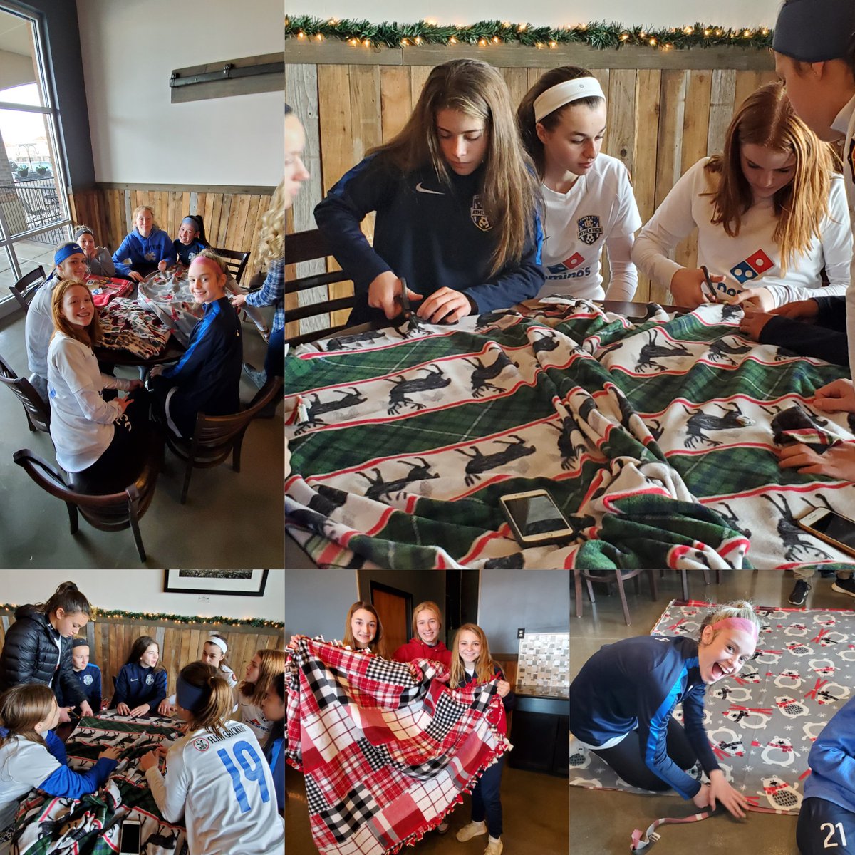 AcademyKc's tweet photo. The @AthleticsKC Academy Elite 06 team recently got together for some holiday fun and community service, creating blankets to donate to an area homeless shelter. #SeasonOfGiving #KCACares https://t.co/GxBfI2cep9