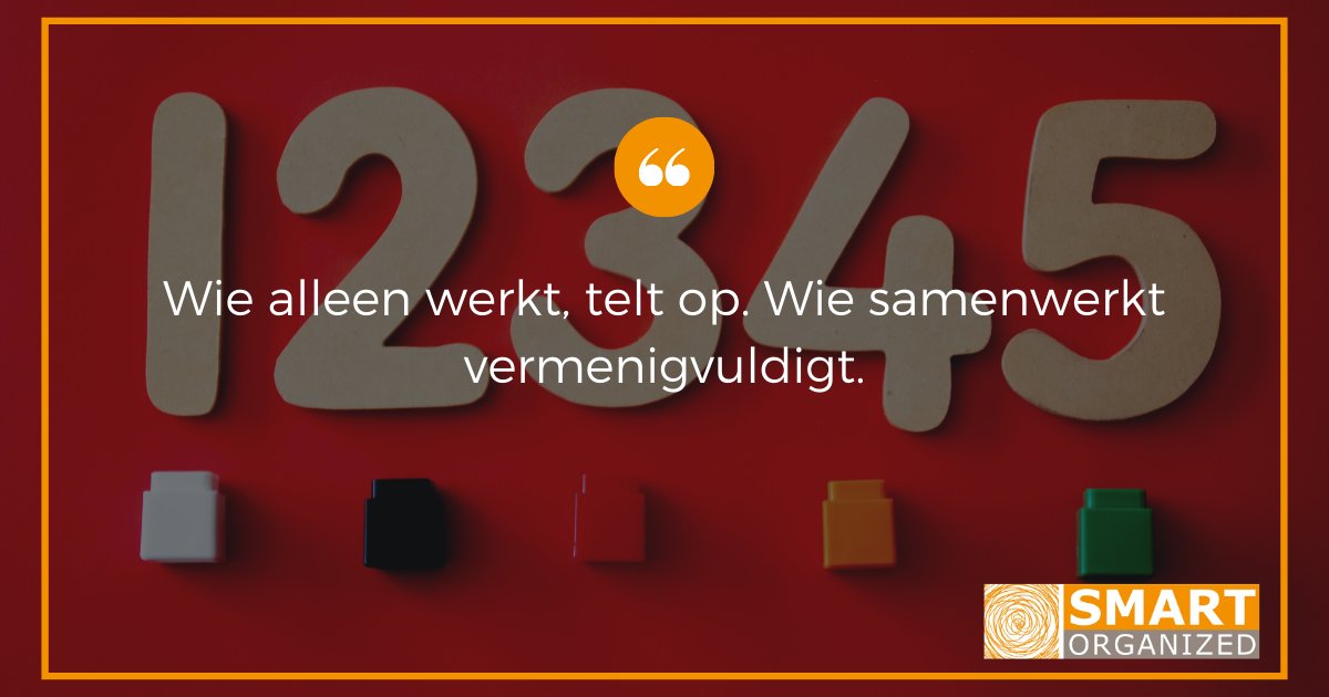 "𝑊𝑖𝑒 𝑎𝑙𝑙𝑒𝑒𝑛 𝑤𝑒𝑟𝑘𝑡, 𝑡𝑒𝑙𝑡 𝑜𝑝. 𝑊𝑖𝑒 𝑠𝑎𝑚𝑒𝑛𝑤𝑒𝑟𝑘𝑡 𝑣𝑒𝑟𝑚𝑒𝑛𝑖𝑔𝑣𝑢𝑙𝑑𝑖𝑔𝑡."

#smartorganized #teameffectiviteit #persoonlijkeontwikkeling