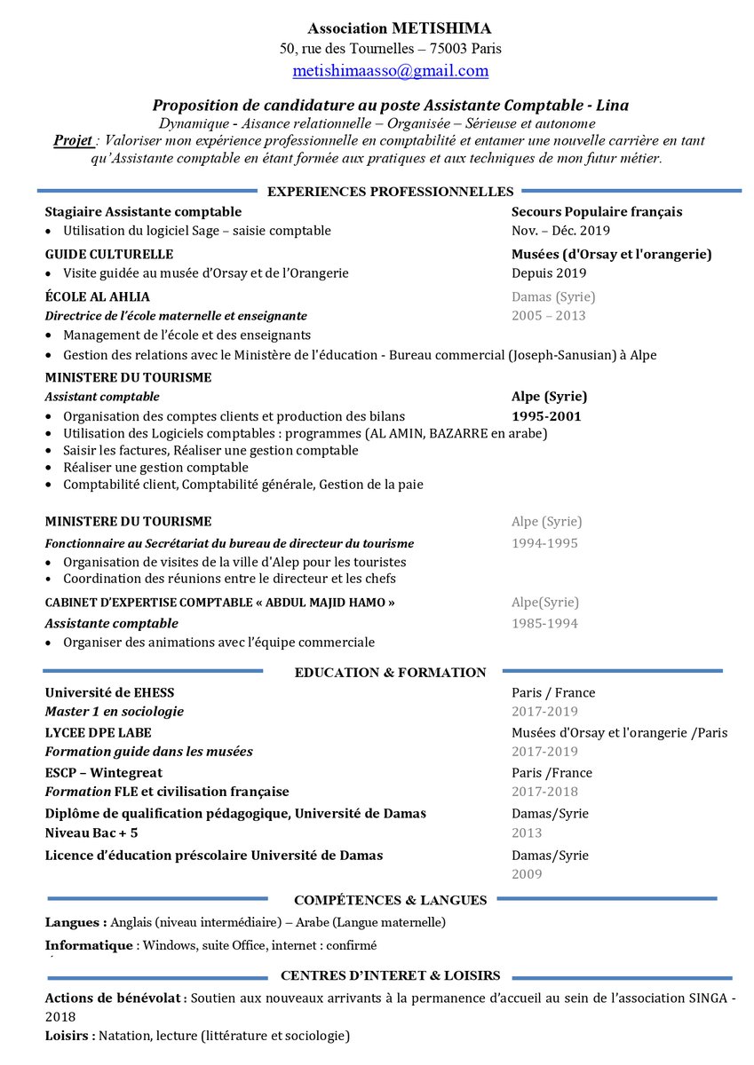 Bonsoir, 
Lina est syrienne. Elle a occupé des postes tels que Directrice d’une école maternelle à Damas, Gestionnaire des relations auprès du Ministère...
Vous avez la possibilité de réaliser son rêve ! Contactez l’association Metishima pour que son rêve puisse devenir réalité.