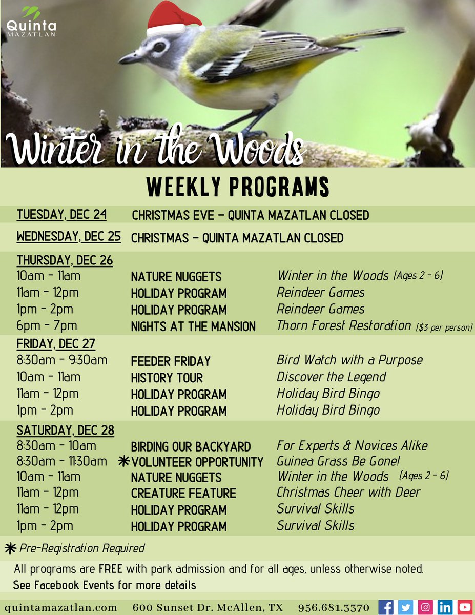 QuintaMazatlan's tweet photo. Quinta Mazatlan is the place to plan your family outdoor and indoor adventures this holiday break!
Check out our programming this week!
#holidayseason #outdoorplay #NaturePhotography #naturelovers #birdwatching #ReindeerGames #HolidayPrograms https://t.co/Y7tVEfKin5