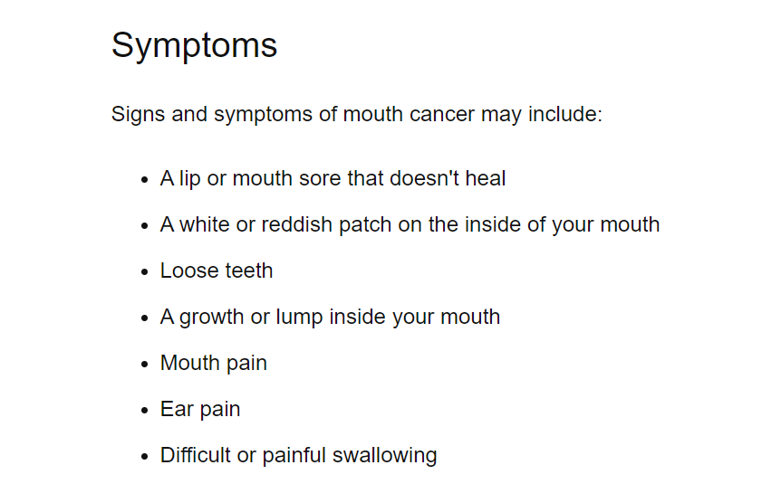 PreViserCorp's tweet photo. According to the @MayoClinic, these are some possible #OralCancerSymptoms. If any dental patients are experiencing any of these, especially patients that are heavy tobacco & alcohol users, it’s important to risk assess those patients w/ #PreViser’s #OralCancerRiskAssessment. https://t.co/Xz8KU9PSpk