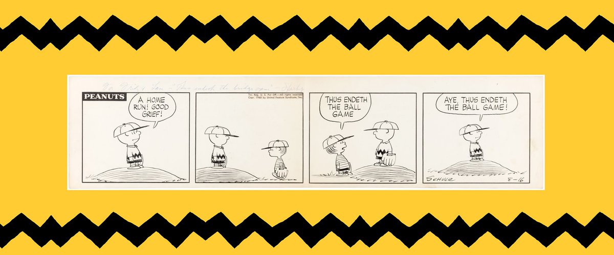 HakesAuctions's tweet photo. SOLD FOR $26,609! @Snoopy Fans recently took note of @HakesAuctions' sale of this 1960 #CharlesMSchulz #comicstrip art featuring #CharlieBrown & #LinusVanPelt playing #baseball! Let Hake's sell your #comicart! โพ๏ธ
#Peanuts #dailystrip #funnies #PeanutsFans #ComicArtFans https://t.co/80IY8mNXOF