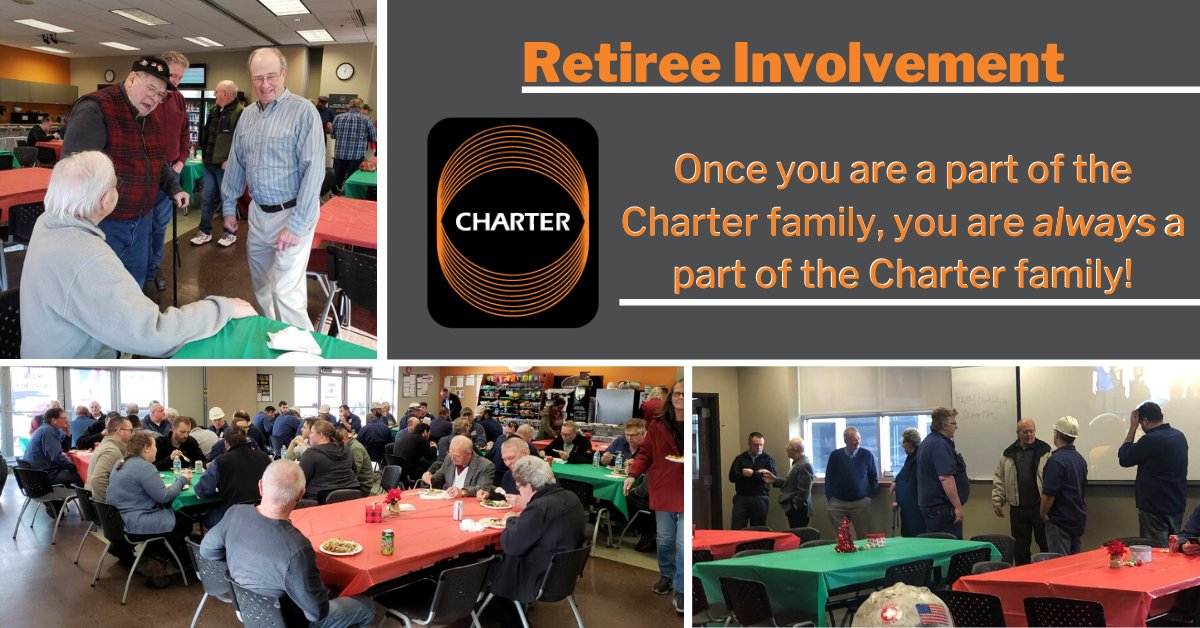 Charter Manufacturing finds fun ways to engage retirees in events throughout the organization, with opportunities to reconnect and share stories from the past and present.  
#onefamilyoneteam #charterproud