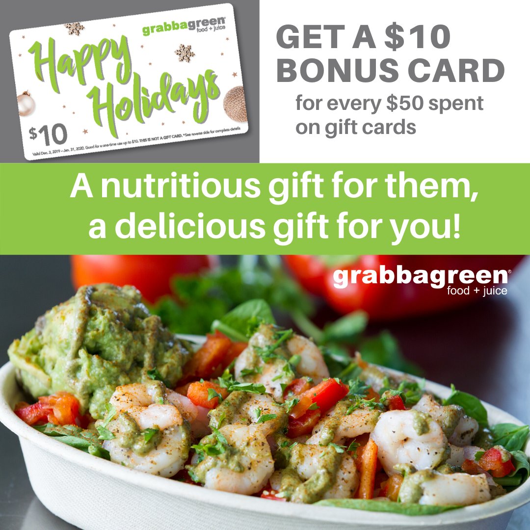 Need a last-minute gift? What better gift than the gift of healthy living? And you score too! Get a FREE $10 <a href="/grabbagreennc29/">Grabbagreen® CLT</a> gift card with every $50 gift card you purchase! Happy Holidays!  #giftcard #holidaygiving #healthylifestyle #healthyeating #grabbagreen