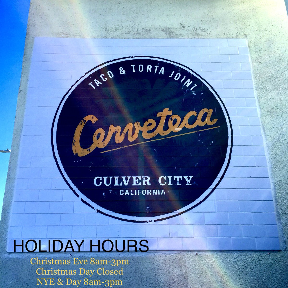 Happy Holiday 💛

Our business Hours are as follows:
Christmas Eve 8am-3pm
Christmas Day Closed
NYE &amp; Day 8am-3pm 

Order in or to go 🌭🍔🌮🌯🥙