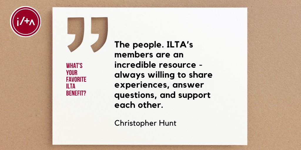 ILTANet's tweet photo. We can list what we think are ILTA Member Benefits all day, but hearing benefits from members is even better! We definitely agree with Chris -- The people make ILTA, ILTA!
#WeAreILTA #PeerPowered #LegalTech #ILTAMember https://t.co/98mbhQV288