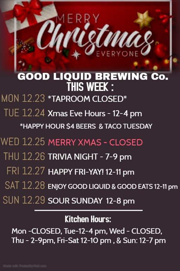 Christmas is finally upon us this week!🎄Check out our  Holiday hours &amp; line up- We have special hours on Tue 12/24 - Come on by, grab a bite to eat &amp; fill up some Crowlers for your Holiday Festivities! We are Closed on Xmas day 12/25 and regular hours 12/26-12/29.