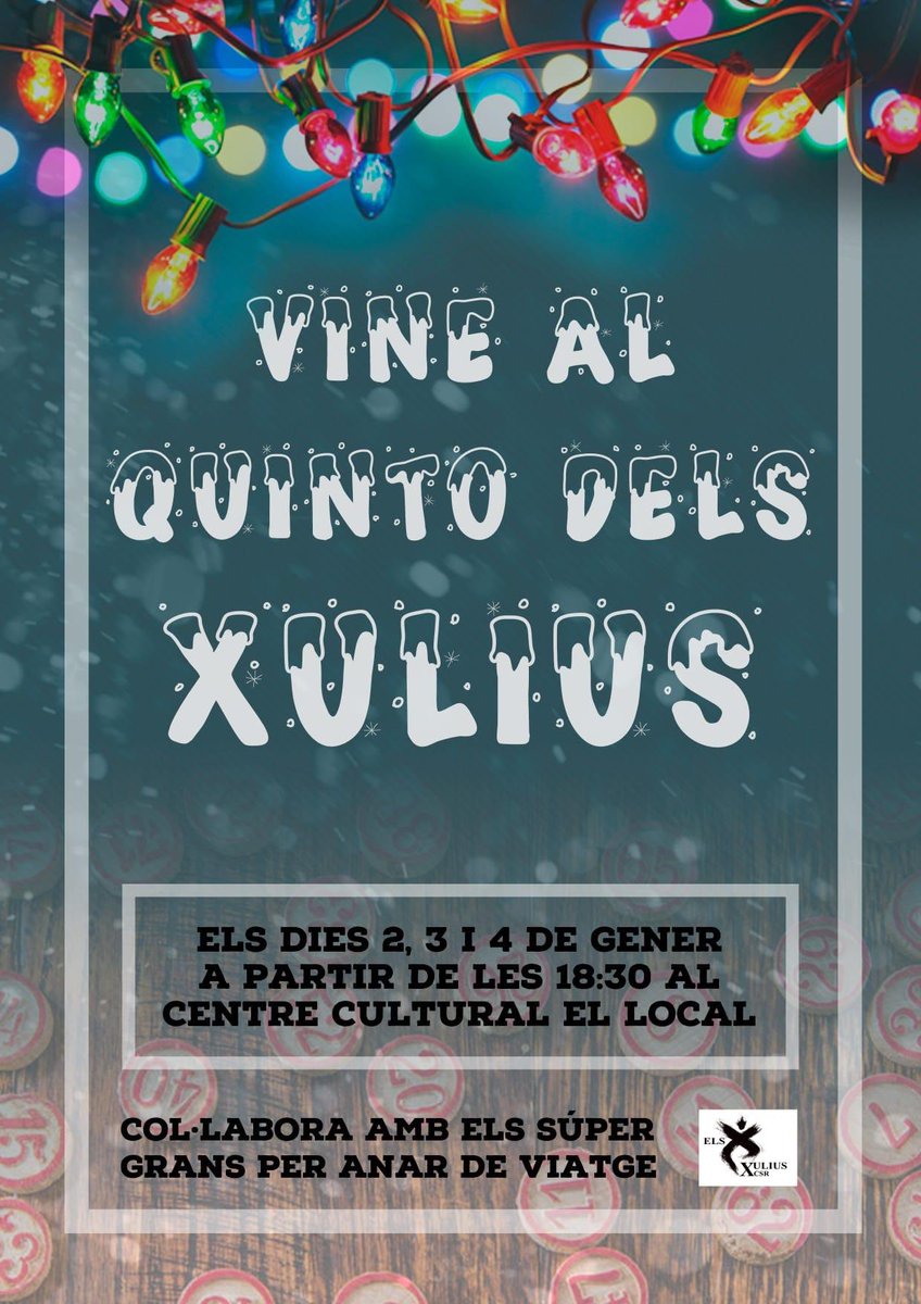 Els dies 2, 3 i 4 de gener us convidem a jugar al quinto que organitzen el grup dels Súper Grans per recaptar diners pel viatge de fi d'etapa. Us hi esperem a partir de les 18:30 h al local!