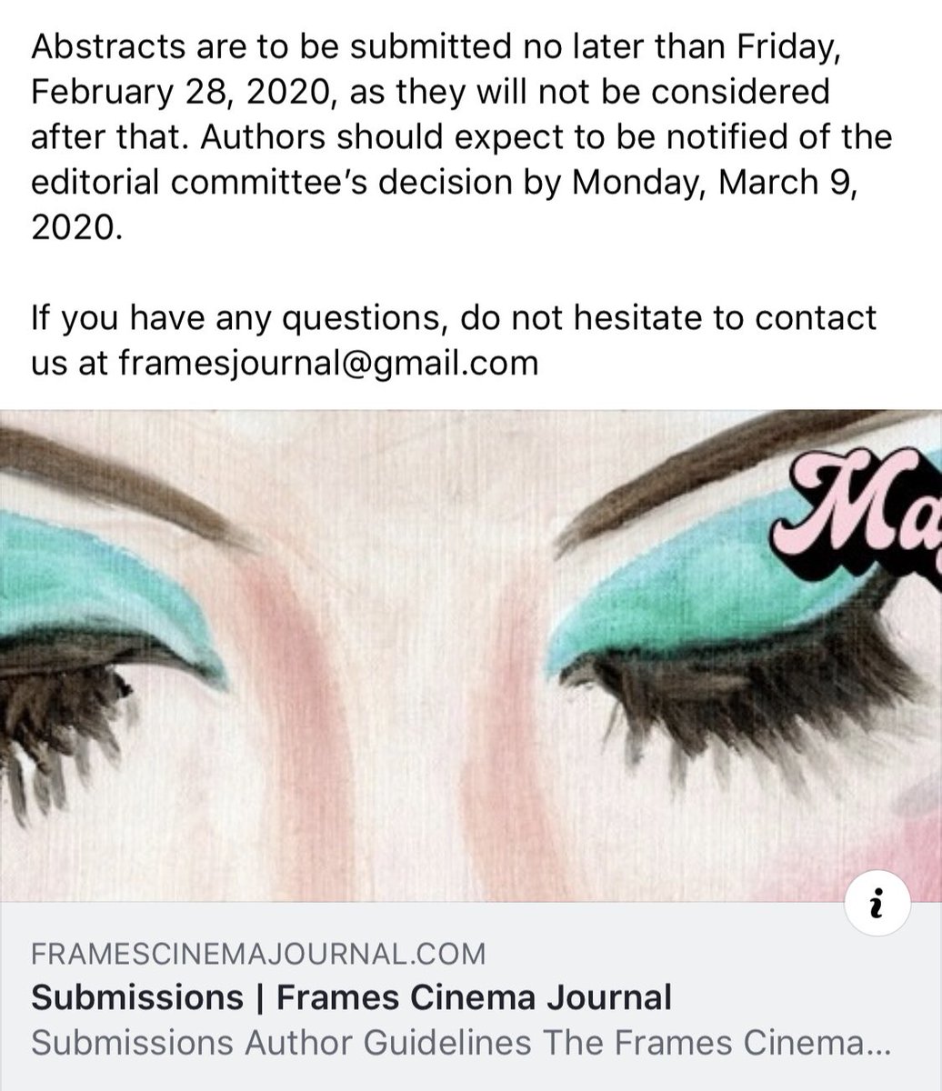 GradFilmStudies's tweet image. Excerpts from a #CFP for Frames Cinema Journal’s issue “The Politics of Colour Media”. Deadline: Feb. 28, 2020. They are accepting essays, reviews, video essays, and more.