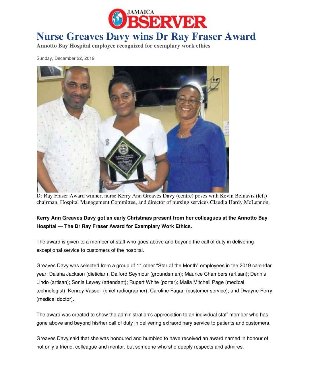 MOHNERHA on X: Jamaica Observer article: Nurse Greaves Davy wins