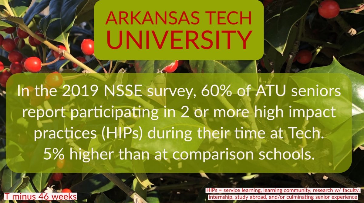 ATULearns's tweet image. More insights from ⁦the ATU⁩ 2019 ⁦@NSSEsurvey⁩ participation.  HIPs (high impact practices) enable ⁦@ArkansasTech to⁩ transform student learning and enrich student lives. Week 46 on #HLC2020 countdown. Happy Holidays!!

#TechPrepared
#TechPride
#HLCEvidence