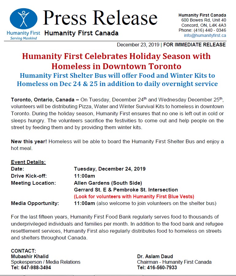 MubashirAKhalid's tweet photo. MEDIA RELEASE:
Humanity First Celebrates Holiday season with Homeless of #Toronto by handing out Pizza, Water, Winter Survival Kits on
Dec. 24 at 11am
Allen Garden (South Side)
@humanityfirst #ShelterBus @HFShelterBus to drive around downtown to distribute kits. https://t.co/jsJSbStmB1