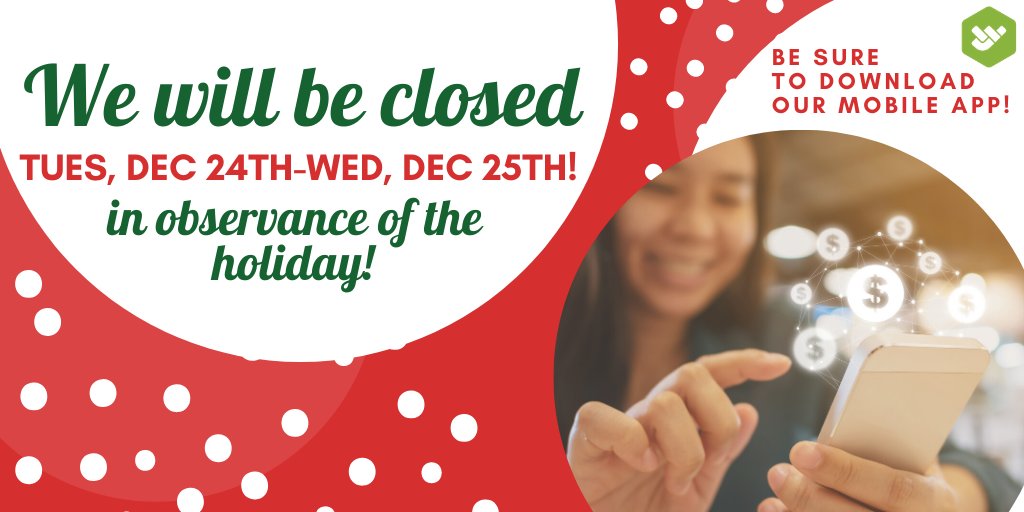 We will be closed Tuesday &amp; Wednesday as we celebrate the Christmas holiday with our loved ones. We hope you all enjoy doing the same and may the joy you experience carry throughout the rest of the year! Be sure to download our #mobileapp! #MerryChristmas bit.ly/2XGKb8i