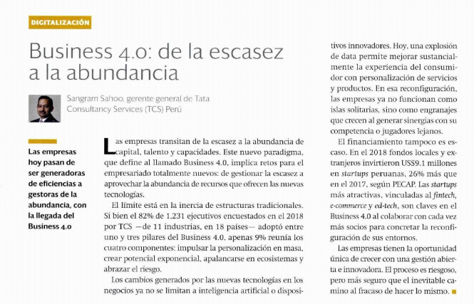 TCS_Latam's tweet photo. El Country Head de #TCSPeru, Sangram Sahoo, publicó una columna en la revista Semana Económica donde explica los detalles del Business 4.0 con información del estudio realizado a nivel regional sobre la adopción de los conceptos del Business 4.0 en el negocio. #Business4punto0 https://t.co/jBlNnAh84J