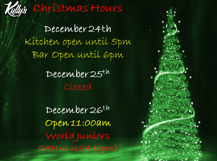 Wishing everyone a very Merry Christmas from Coach and the Kully's Team.  #holidayhours #happychristmaseveeve #enjoyresponsibly #boxingday #worldjuniors