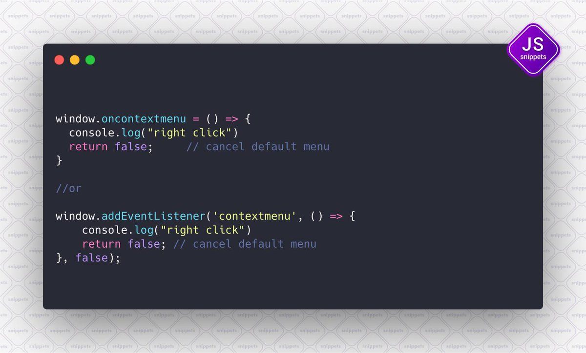 SnippetsJs's tweet image. Capture the right-click event 🐭
#JSsnippets
Follow us -
Github - github.com/JSsnippets/Jav…
Linkedin - linkedin.com/company/293420…