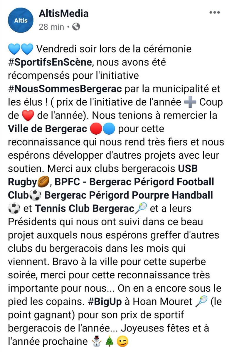 Altisbergerac's tweet photo. 💙💙 Merci @VilledeBergerac @BPFC24 ⚽ @RugbyUsb 🏉 @B2PHANDBALL ⚽ et à #tcbTennis 🎾 #SportifsEnScène #NousSommesBergerac 💪 https://t.co/28m1WXlzci