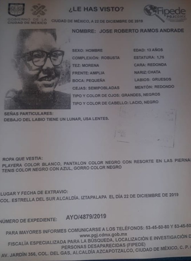 URGENTE ¿Me ayudan a compartir? José Roberto Ramos Andrade de 13 años fue visto por última vez, el pasado 22 de Diciembre en la Colonia Estrella del Sur, de <a href="/Alc_Iztapalapa/">Alcaldía Iztapalapa</a>, si conoces su paradero, envíame un correo a periodismoatodaprueba@gmail.com vía <a href="/vhbar/">El pijamas</a>