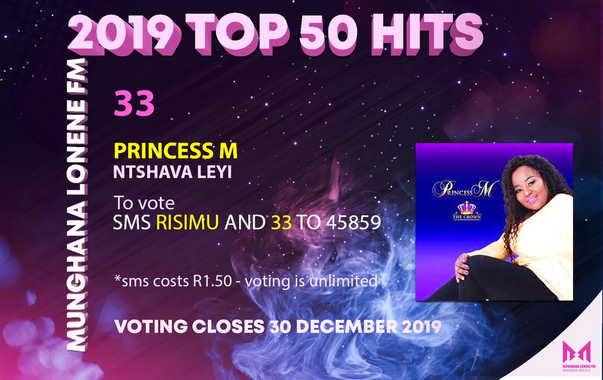 Munghana's tweet photo. Congratulations #PrincessM #NtshavaLeyi for making it to the Munghana Lonene FM 2019 Top 50 hits. To Vote SMS Risimu &amp; the number 33 to 45859 sms charged R1.50 #RisimuRaLembe https://t.co/kUaWZMJFop