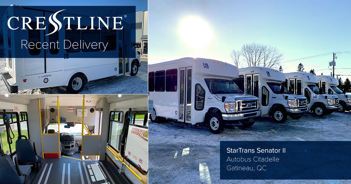 CrestlineCoach's tweet photo. Congratulations to Autobus Citadelle on the deliver of their brand new fleet of 8 StarTrans Senator II buses that will be used to serve the Société de transport de l’Outaouais. These units can seat 4 passengers & up to 5 wheelchairs. Just in time for Christmas! #CrestlineBus https://t.co/KFERLbtqoR