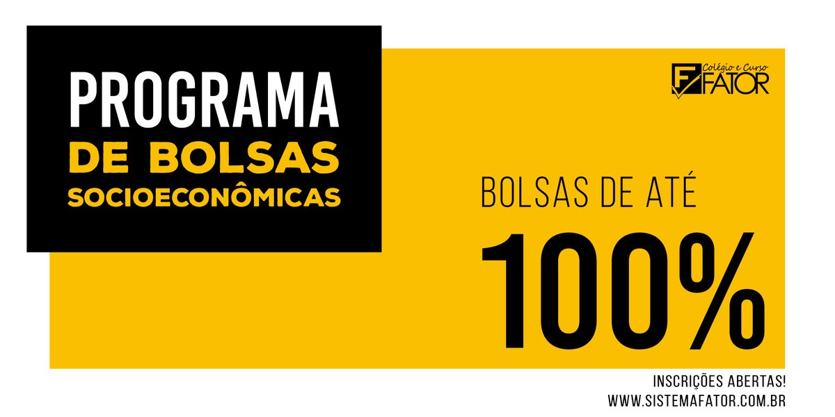 sistemafator's tweet photo. [BOLSA DE ESTUDOS NO FATOR] ⚠️

Acesse https://t.co/3dIWhzETfh e preencha o formulário todinho. Data limite: 01/01/2020. 👀
Espalha pra todo mundo! Tem bolsas de até 100% 🤩
 
#programadebolsas #bolsadeestudo #desconto #educacao #prevestibular #ensinomedio #estudar https://t.co/ylYcdLNsrY