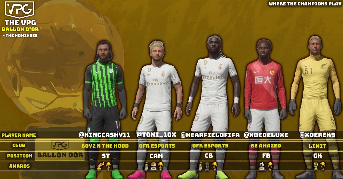 🤴| Who is the best pro clubs player in the world? It’s your time to vote! 

👥| <a href="/KingCashy11/">cashY</a> <a href="/Toni_10x/">Toni_10x</a> @HearfieldFIFA <a href="/xDeDeluxe/">DeDeluxe</a> <a href="/xDerek9/">Derek</a> 

Vote as a comment below!

More information on how the voting works: facebook.com/29083445799893…

#VPG #ProClubs #FIFA20