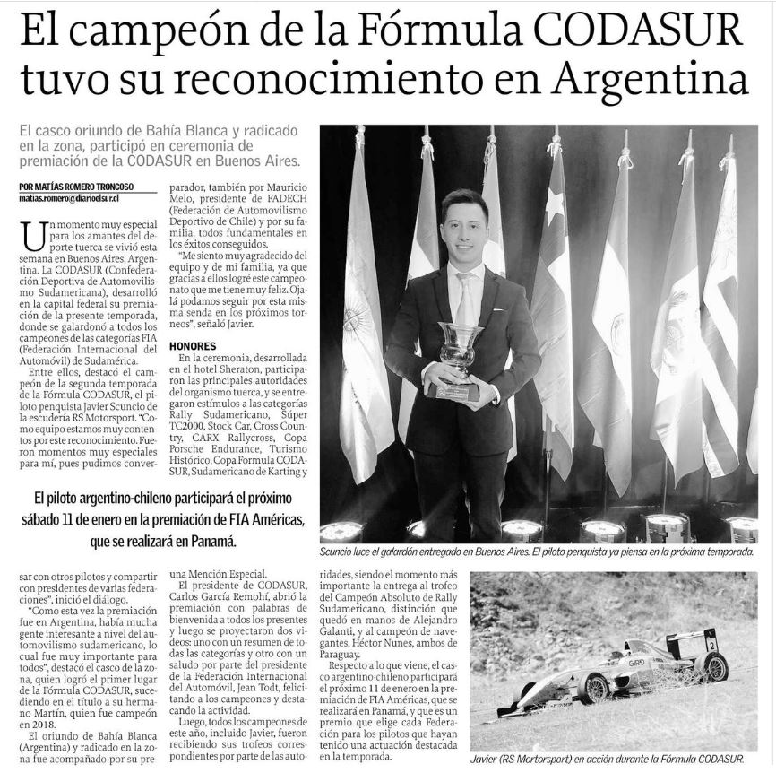 Penquista Javier Scuncio: El campeón de la Fórmula CODASUR tuvo su reconocimiento en Argentina | El Sur

elsur.cl/impresa/2019/1…