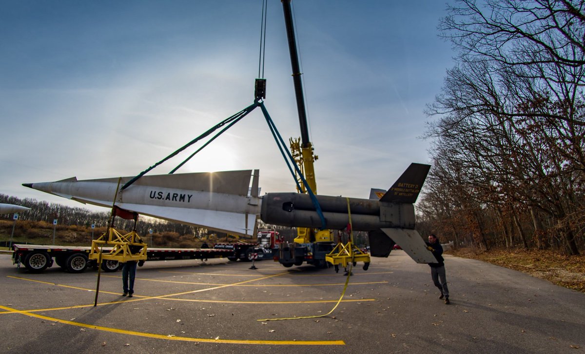 ArmorMuseum's tweet photo. Holiday greetings from the MOAA - We've never had an opportunity to pay tribute to the men and women who served during the Cold War until today.  Through the donation of time, labor and equipment from the Operating Engineers and Atlantic Crane we had two Nike missiles delivered. https://t.co/lSuKeThWM6