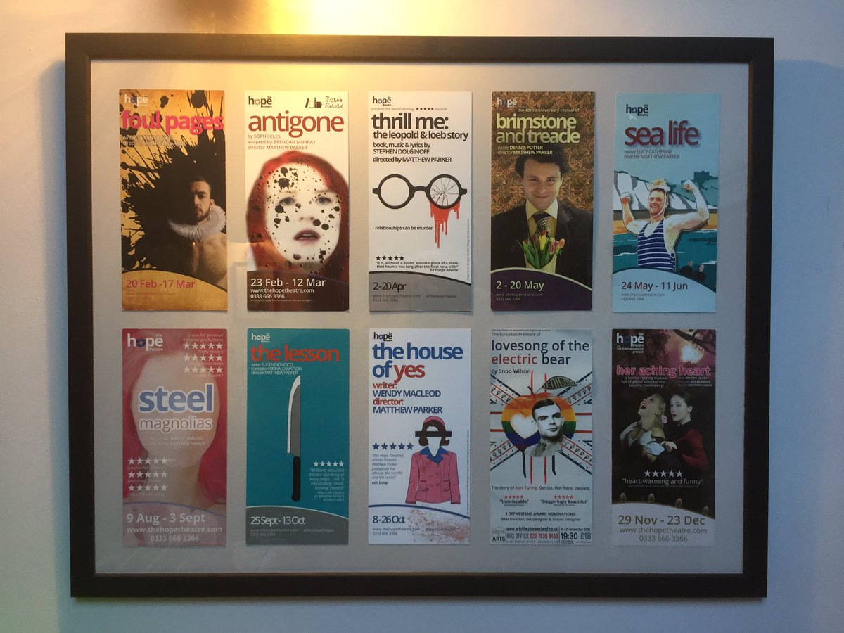 Love my leaving gift from my <a href="/TheHopeTheatre/">The Hope Theatre</a> colleague &amp; brilliant friend <a href="/tobyhampton8/">Toby Hampton</a>. A flyer of each of the 10 shows I’ve directed at The Hope this past 5 years. Every one a gorgeous memory of new collaborations  with amazing, much loved people. There’s something in my eye...