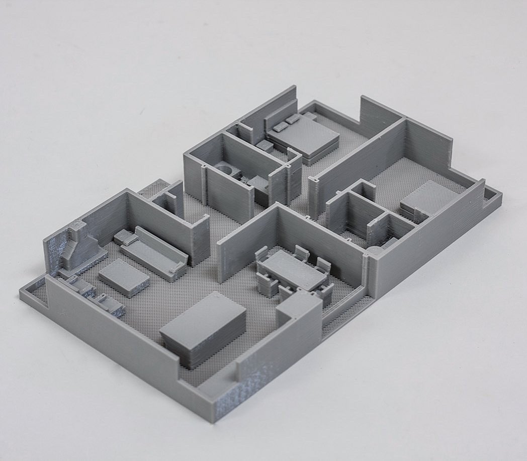 Do you want to build a house, instead of a snowman? Make a model first! Here is a deluxe floor plan with furniture and appliances, great for client presentations and process planning. #scalemodel #architecture #interiordesign #floorplan #3dprinted