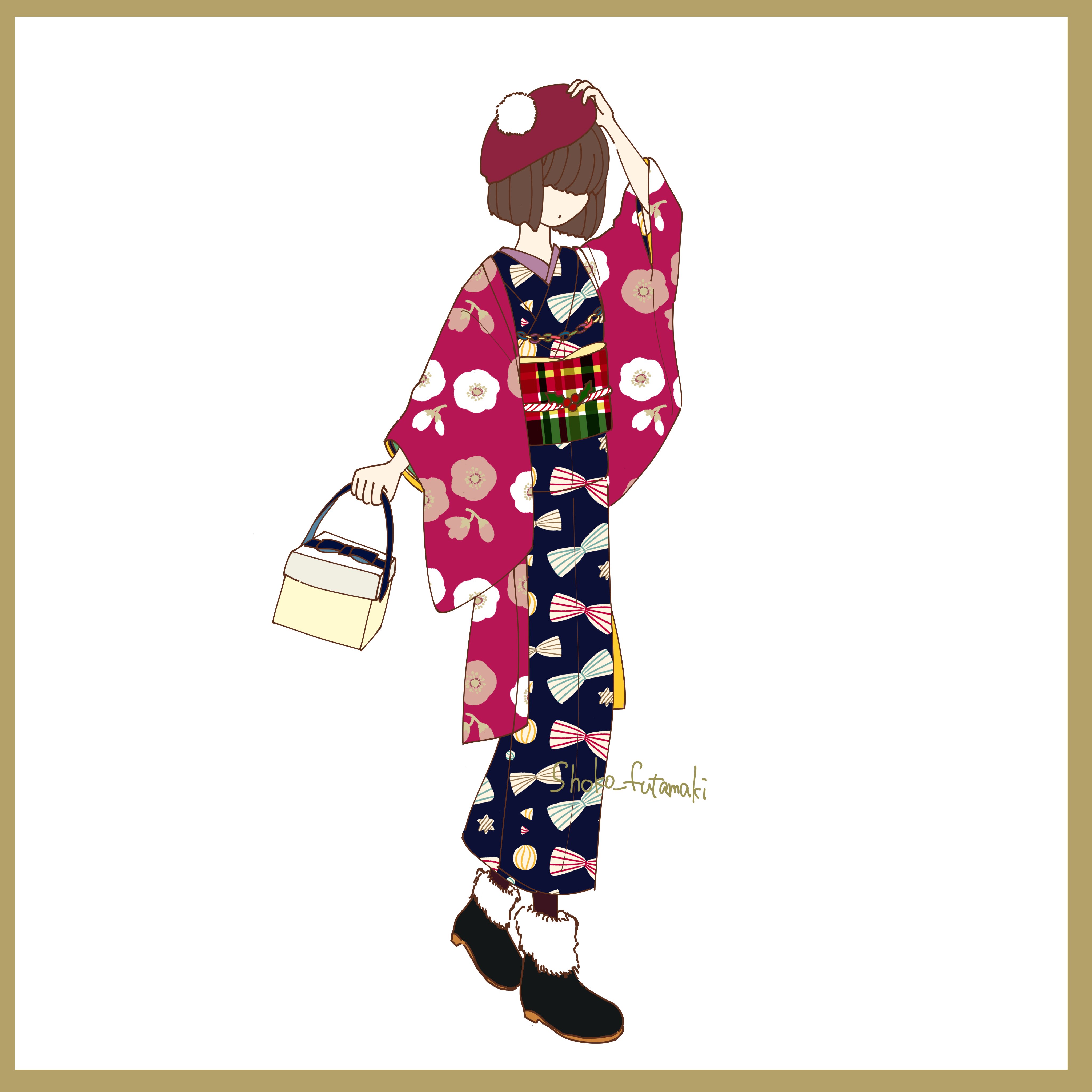 二巻 祥子 クリスマスコーディネートの着物 前回はクリスマスツリーコーデだったので今回はサンタコーデ リボンの着物 クリスマスローズの羽織 着物 Kimono 着物コーデ 着物コーディネート 和 和服 女の子 Girl イラスト Illustration 着物