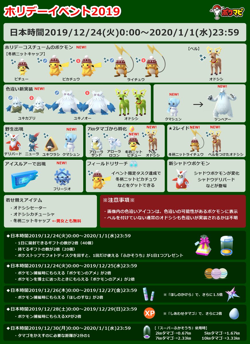 ポケモンgo攻略情報 ポケマピ Twitter પર 最新版 ホリデーイベント19開催情報 期間 日本時間19 12 24 火 0 00 1 1 水 23 59 新コスチュームポケモン クマシュン フリージオ実装 限定7km卵 レイド タスク ユキカブリ オドシシ ベル 色違い ポケモンgo攻略情報 ポケマピ Twitter પર 最新版 ホリデーイベント19開催情報 期間 日本時間19 12 24 火 0 00 1 1 水 23 59 新コスチュームポケモン クマシュン フリージオ実装 限定7km卵 レイド タスク ユキカブリ オドシシ ベル 色違い