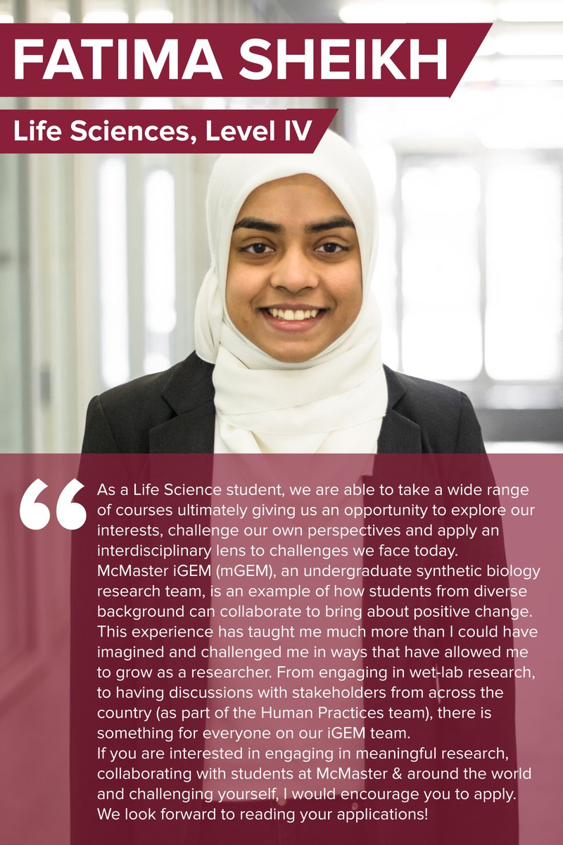 Next up is Fatima (@fatima_sheikh98 ), who started out on our team in 1st year as a member of the Human Practices team &amp; later became president! Read more below.

Application(Due Dec 31st): forms.gle/y5zXrFg8GMAN6s… 

Position Descriptions: bit.ly/2QpY71U