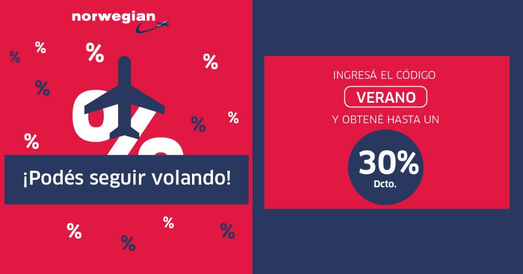 Volá en vacaciones de verano con hasta 30% de descuento 🙌 Conocé todos nuestros destinos en Argentina. Entrá en Norwegian.com/ar y volá desde/hacia Aeroparque o en JetSMART.com para volar desde/hacia El Palomar ✈