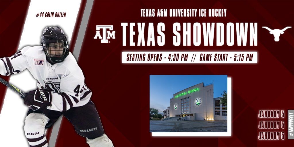 tamuicehockey's tweet photo. Howdy! A little more info about the #TexasShowdown on January 5. This event will not require a ticket to attend and is 100% FREE 🎟

Gates Open - 4:30 PM
Merchandise - 4:30 PM - 5:00 PM
Game Start - 5:15 PM

The event will have open seating and keep an eye out for more info soon! https://t.co/134VFYdtNp