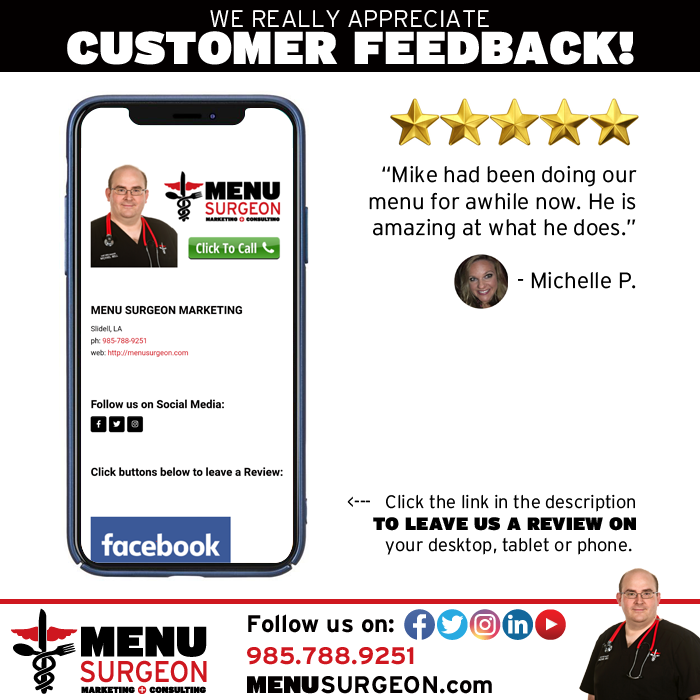 MenuSurgeon's tweet photo. We LOVE getting customer feedback! Click this link --> https://t.co/YILEW8freT <-- to LEAVE the #MenuSurgeon a REVIEW! #Marketing #SocialMedia #FoodPics #TheDoctorIsIn https://t.co/L7N3WCzclP