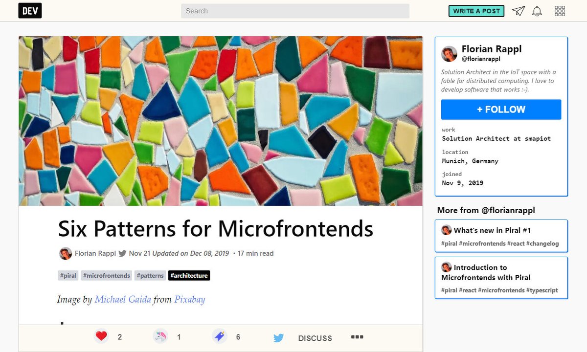 codecidedotnet's tweet image. 6 Patterns for Microfrontends
#registration #appshell #space #approach #import #remotework
via dev.to
☛ amp.gs/iWQ6
