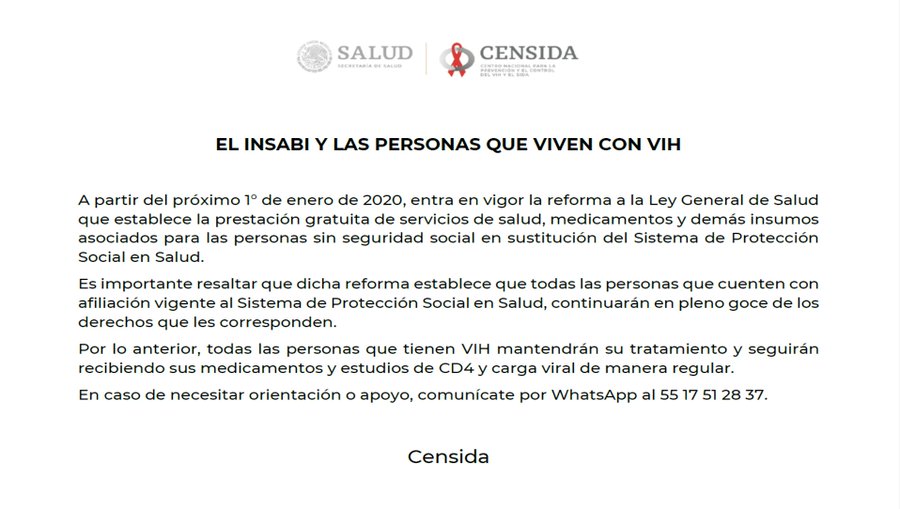 #Comparte <a href="/censida/">Censida</a> #Informa:  A partir del 1° de enero de 2020 entra en vigor la reforma a la Ley General de Salud. Todas las personas con VIH mantendrán su tratamiento, medicamentos y estudios de manera regular.